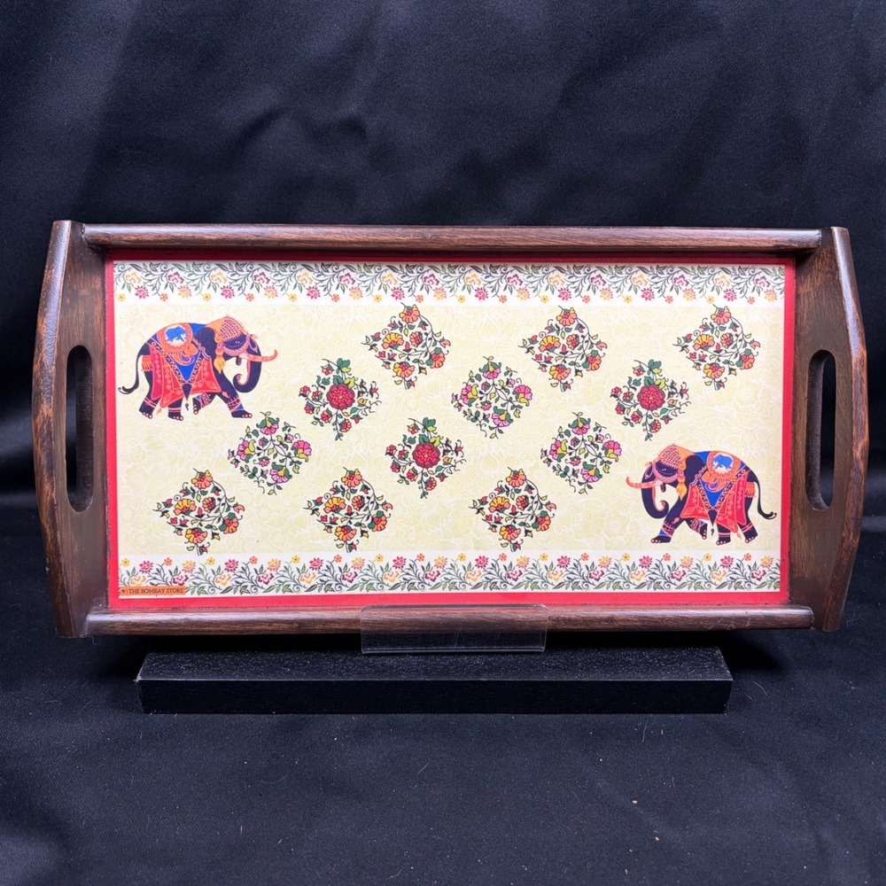 The Bombay Store Wood Serving Tray Elephant Floral Indian Folk Art 15.5x7.5in